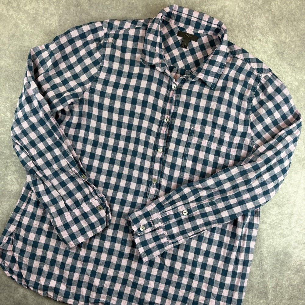 J Crew Blouse Womens 12 Pink Check Gingham Popover Henley Preppy Lightweight